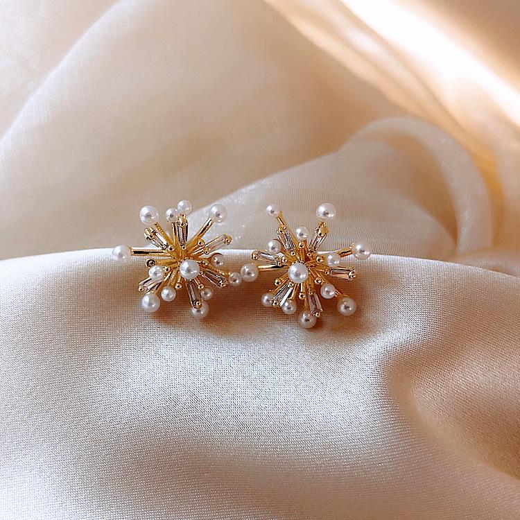 Copper-Plated Gold French Firework Geometric Earrings with Micro-Paved Zircon and 925 Silver Needle