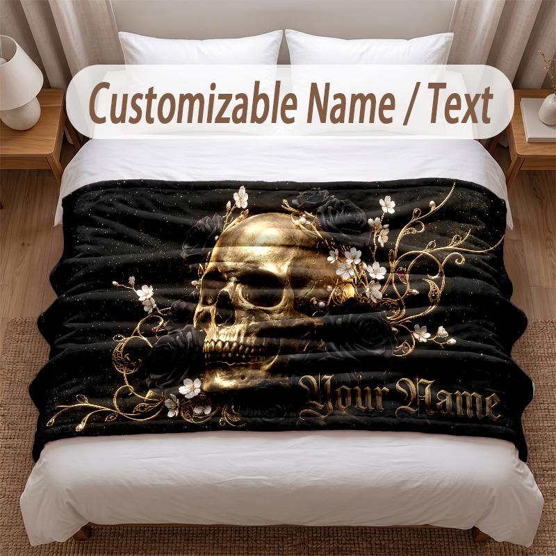 Skull Gothic Theme Soft Blanket Personalized Custom Name Text Print Warm Blanket Home Sofa Bedroom Decor