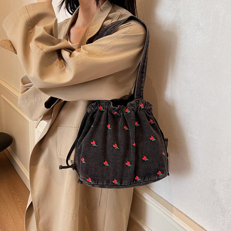 Yogodlns Women's Vintage Floral Denim Bucket Shoulder Bag Casual Embroidered Large Capacity Handbag with Polyester Lining