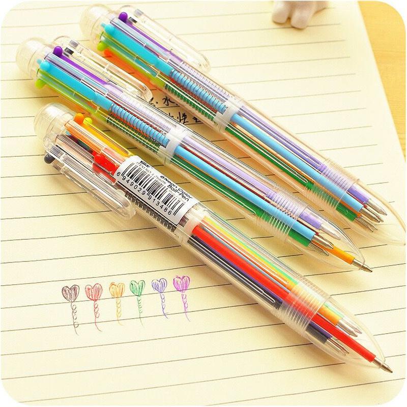 6-Farben Transparent Klick Mehrfarbiger Kugelschreiber Druckknopf Gel Tinte Schreibstift Schreibwaren Büro- & Schulbedarf