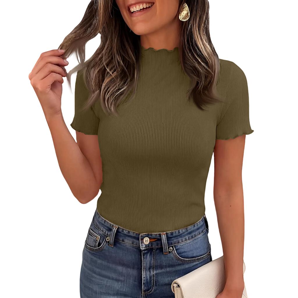 Ribbed Knit Short Sleeve Blouses for Women Casual Mock Neck Women's Short Sleeve Tops Stretchy Slim Fit Womens Short Sleeve Blouses Pullover Style