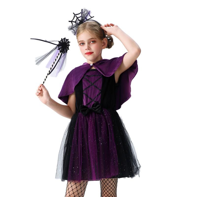 Girls Halloween Witch Costume Dress With Cape Accessories Kids Party Performance