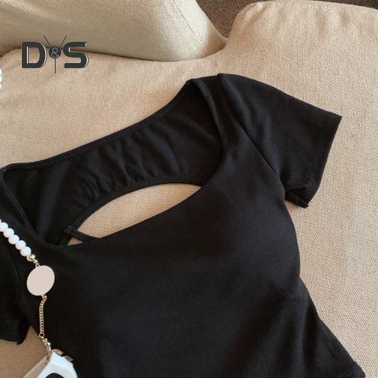 Damen T-Shirt mit quadratischem Kragen, kurzärmelig, mit Hohlkreuz, einfarbig, schmale Passform, kurze Oberteile für den Alltag