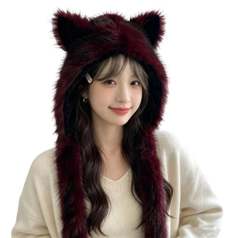 Plush Cats Ear Hat with Faux Furs Look Earflaps, Long Coverage Thick Warm Hat for Cold Weather Daily Outfit Styling, Outdoor Activity