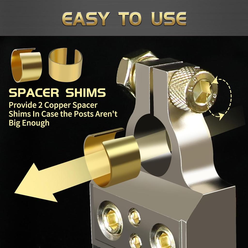 TONDA Battery Terminals, 0/4/8/10 Gauge Battery Terminal Connectors With Shims And Protective Covers, Car Cable Ends, 1 Pair