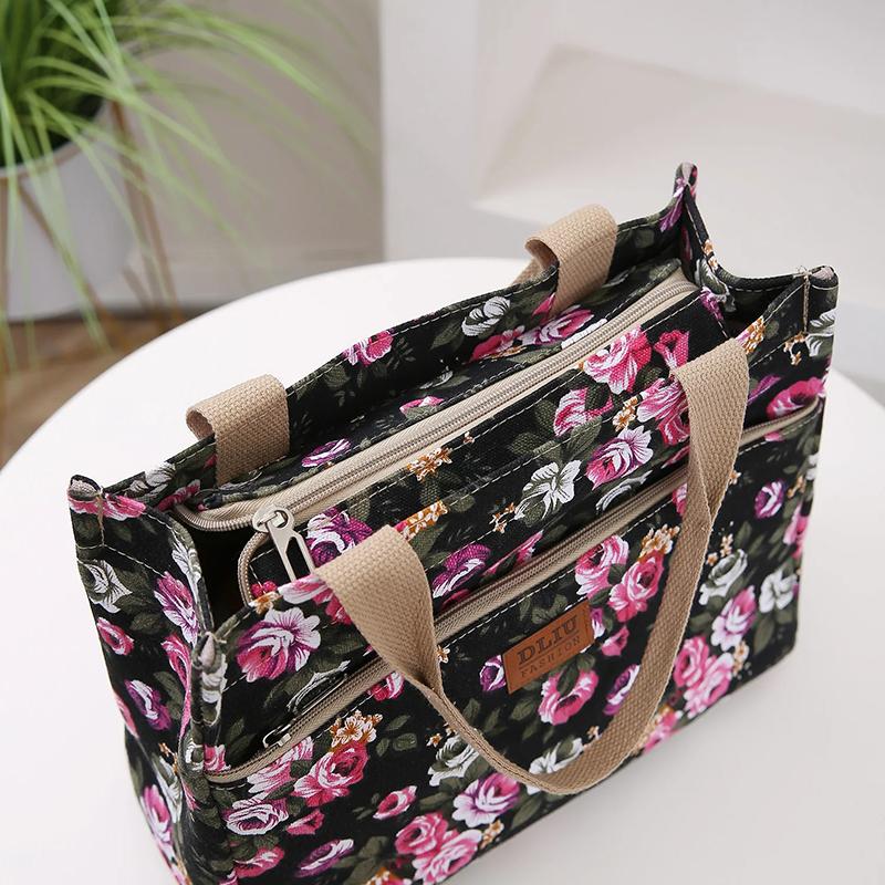 Fashion Floral Print Tote Bag Portable Canvas Lunch Bag Women's Casual Handbag Bento Mommy Shoulder Bag For Picnic Travel