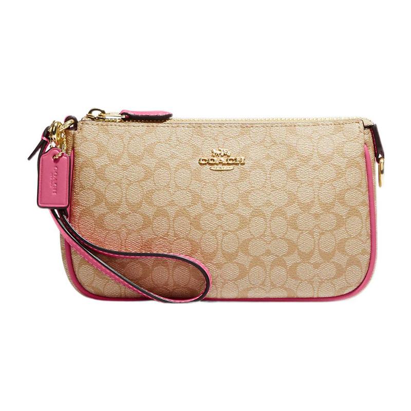 COACH Nolita 19 Gold Logo Logo Classic Print Zipper Coated Canvas with Leather Mahjong Bag Clutch Small Women s Khaki and Pink золотой