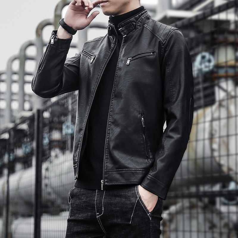 Men's Men's PU Leather Jacket Men's Trendy Youth Stand-up Collar Punk Men's Motorcycle Leather Jacket