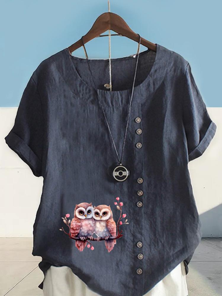 Women's Fashion Couple Owl Print Shot Sleeve T-shirt Loose Cotton Shirt Casual Loose Summer Blouse Tops Plus Size