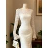 Rochie Elegantă de Seară cu Dantelă, Mânecă Lungă, Bodycon, cu Mănuși pentru Femei