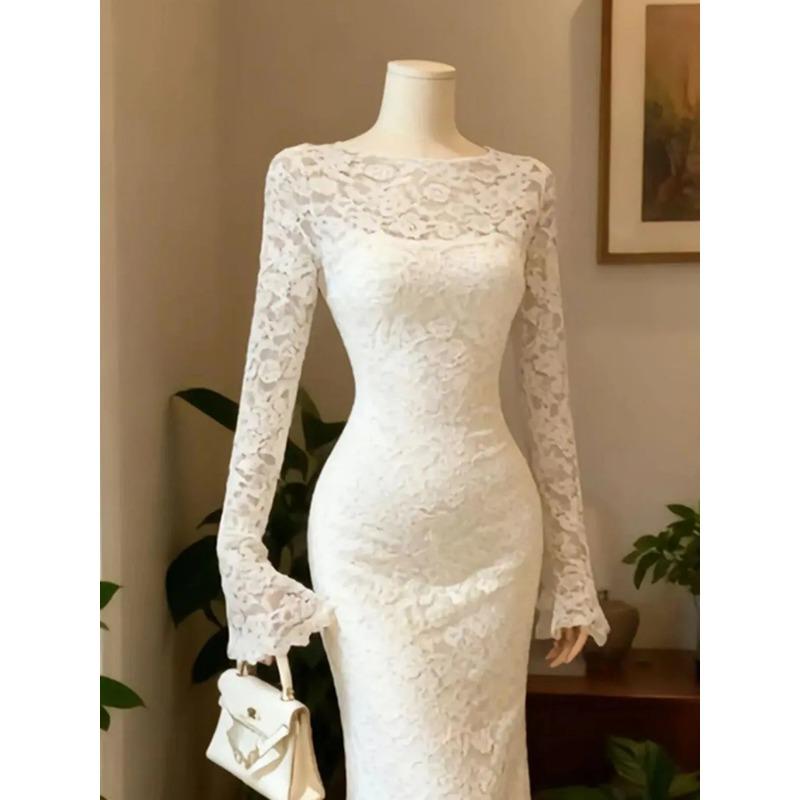 Rochie Elegantă de Seară cu Dantelă, Mânecă Lungă, Bodycon, cu Mănuși pentru Femei