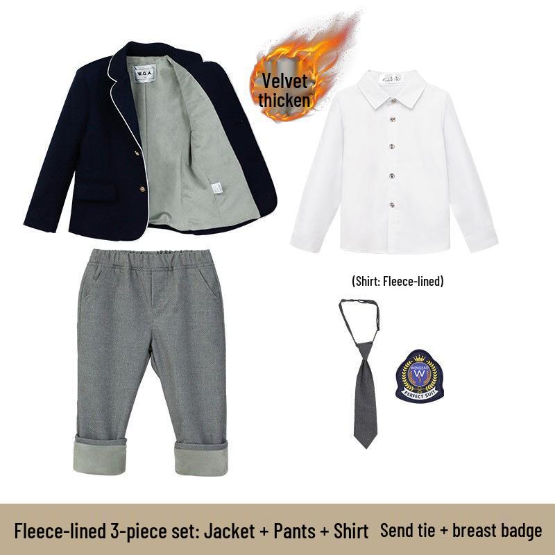 Children's Academy Style Formal White Shirt & Navy Jacket Suit Set for Elementary School Girls