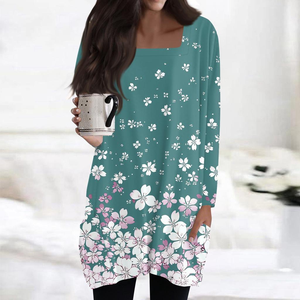 Womens Tops Square Collar Long Sleeve Blouses Casual Mid-length Shirts Fashion Print Tunic Tops With Pockets