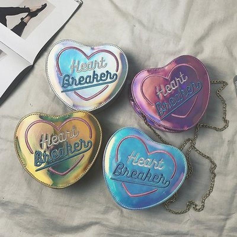 Chic Women Heart Hologram Wallet Laser PU Big Zipper Clutch Bag Pouch