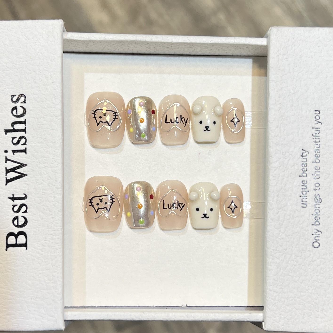 

Doreen s Heart & Bear Hand-Painted Short Wearable Nail Art Large L