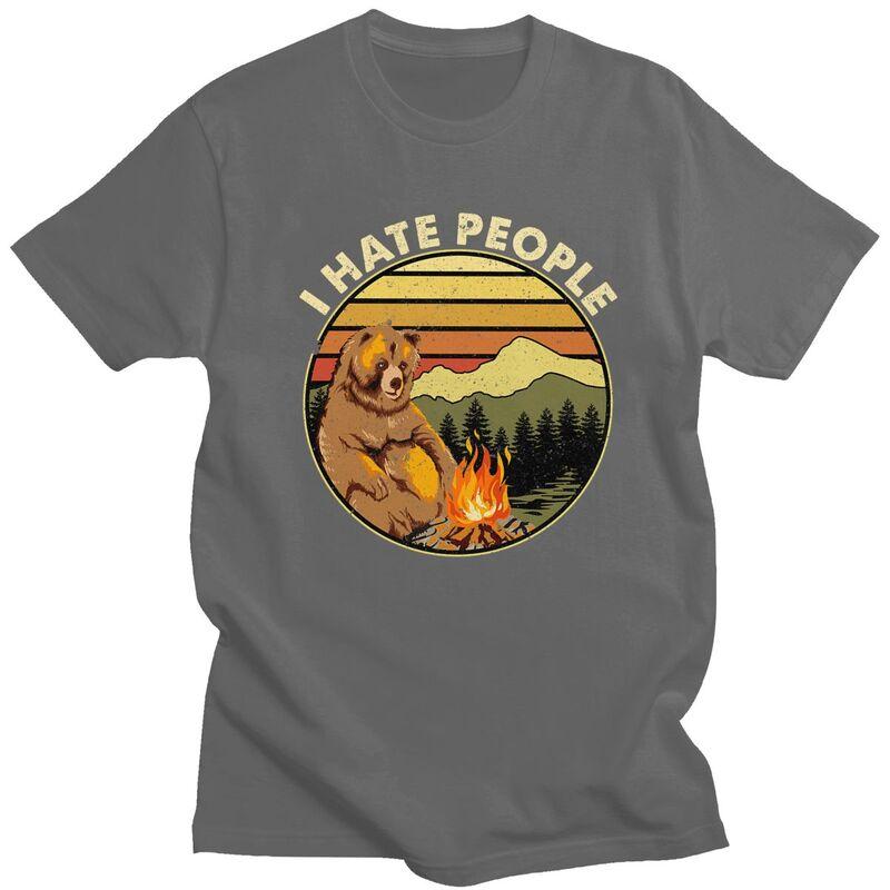 Custom Mens Bear Camping I Hate People T Shirts Short Sleeve Cotton Tshirts Casual Adventure Capmer Tees Loose Fit Clothing