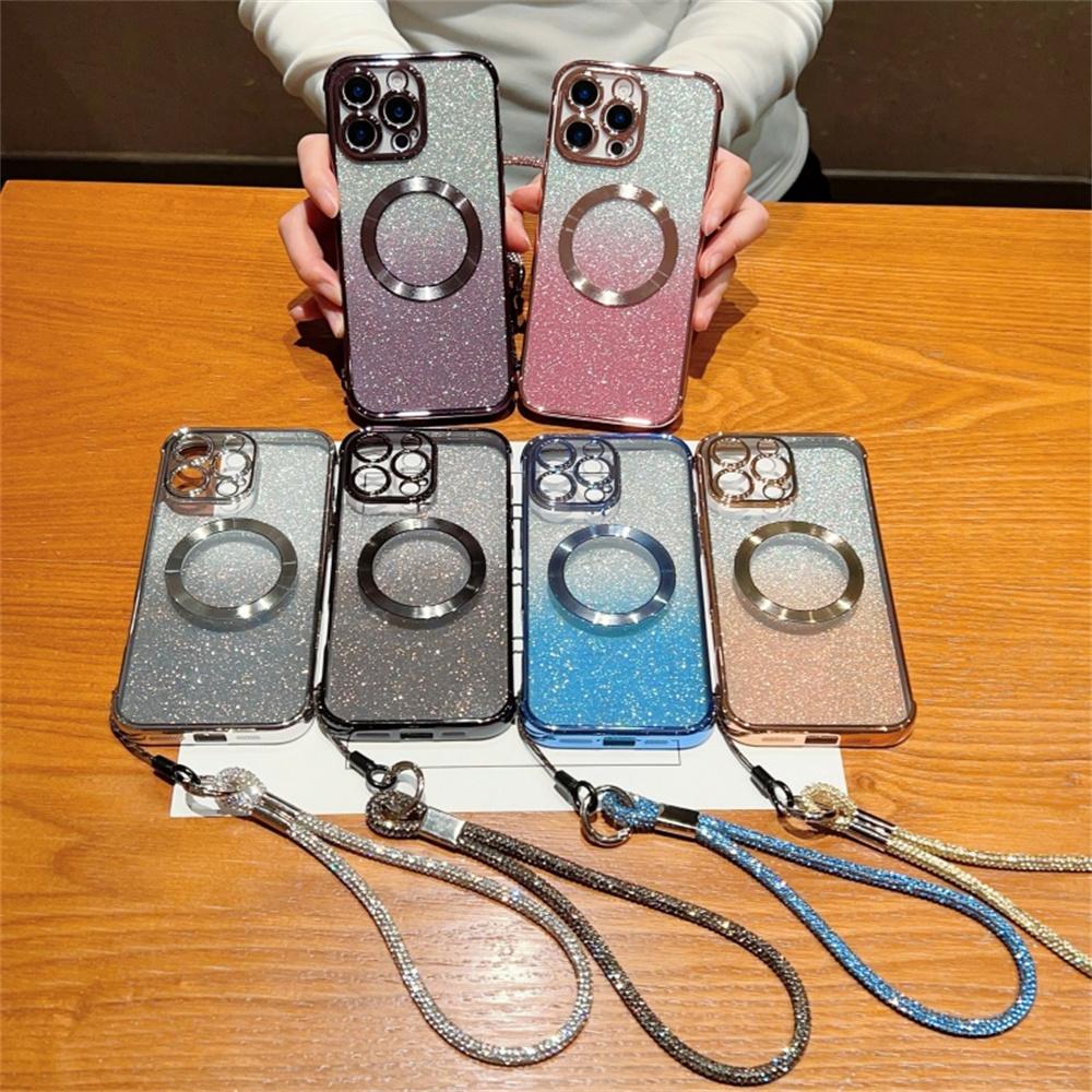 Voor iPhone 16 Pro Max Hoesje Compatibel met MagSafe Gegalvaniseerd Kleurverloop Glitters Telefoonhoesje met Lanyard