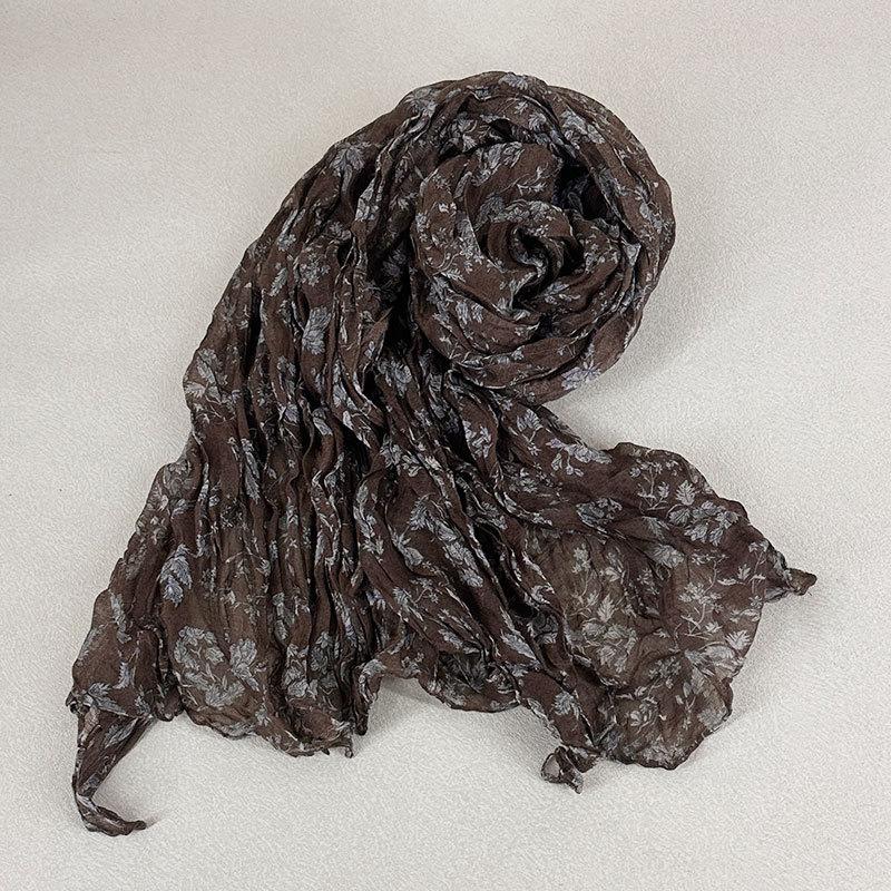 Artistic Retro Floral Pleated Scarf for Women in Spring and Autumn Sunscreen and Neck Protection Scarf