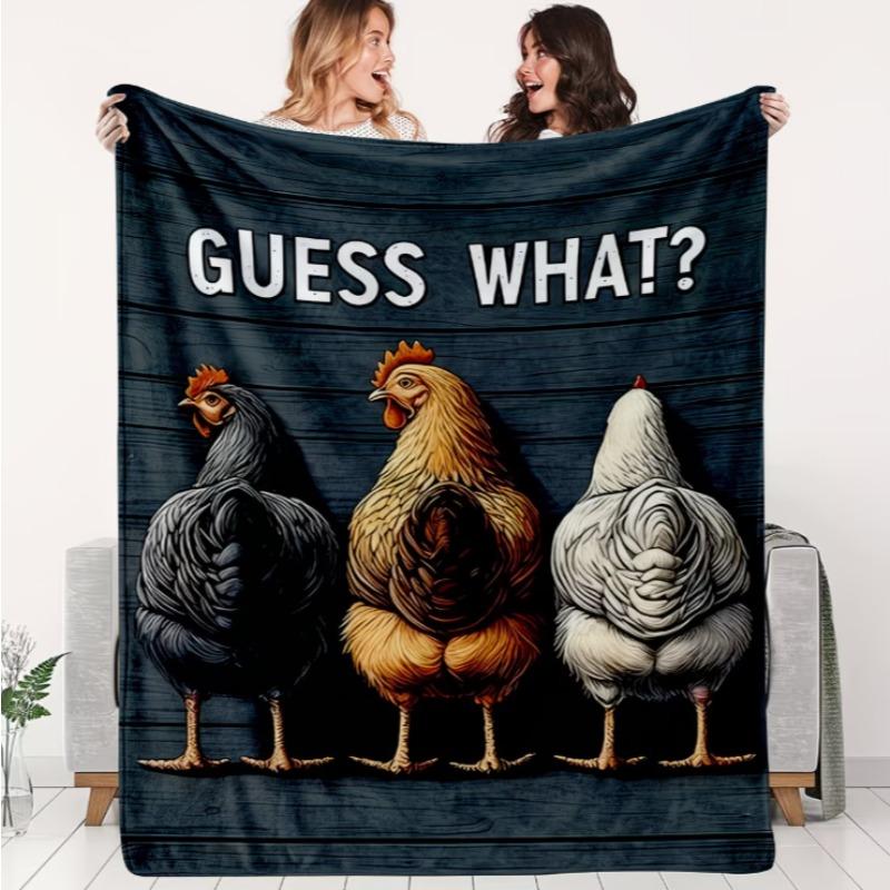 1pc This Colorful Plaid Farm Chicken Patchwork Flannel Blanket Features A Flock Of Multicolored Chickens And Floral Trim. Soft