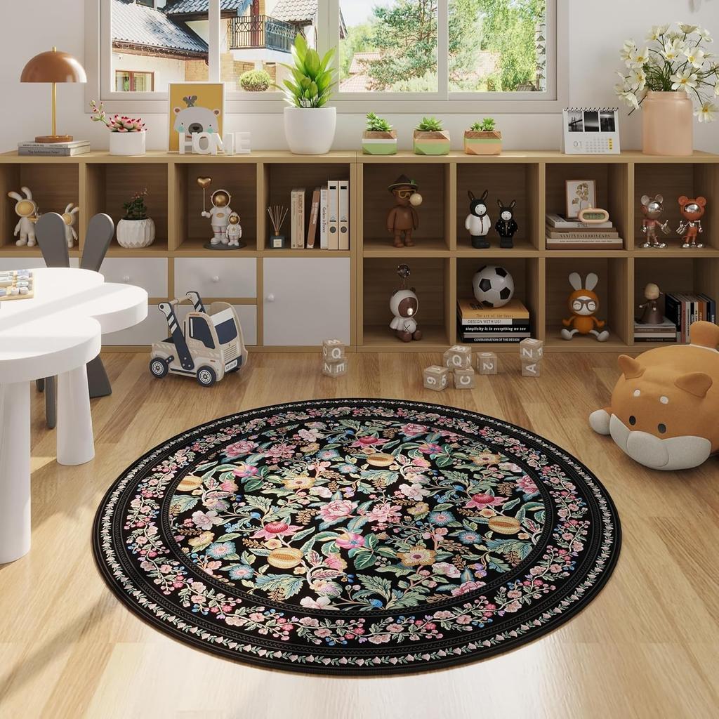 Round Living Room Carpet Foldable Machine Washable Boho Vintage Floral Soft Circular Rug Bedroom Bedside Cloakroom Nursery Rugs