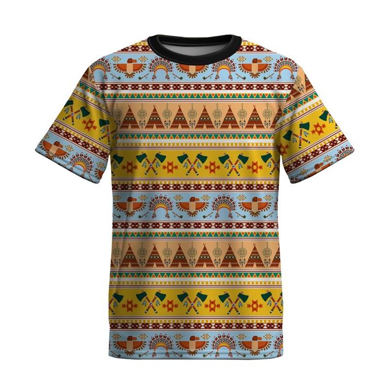Full Print Ethnic Totem Tshirt For Men Short Sleeve Summer O-neck Casual Tshirts Clothes Fashion Daily New In Tees Top