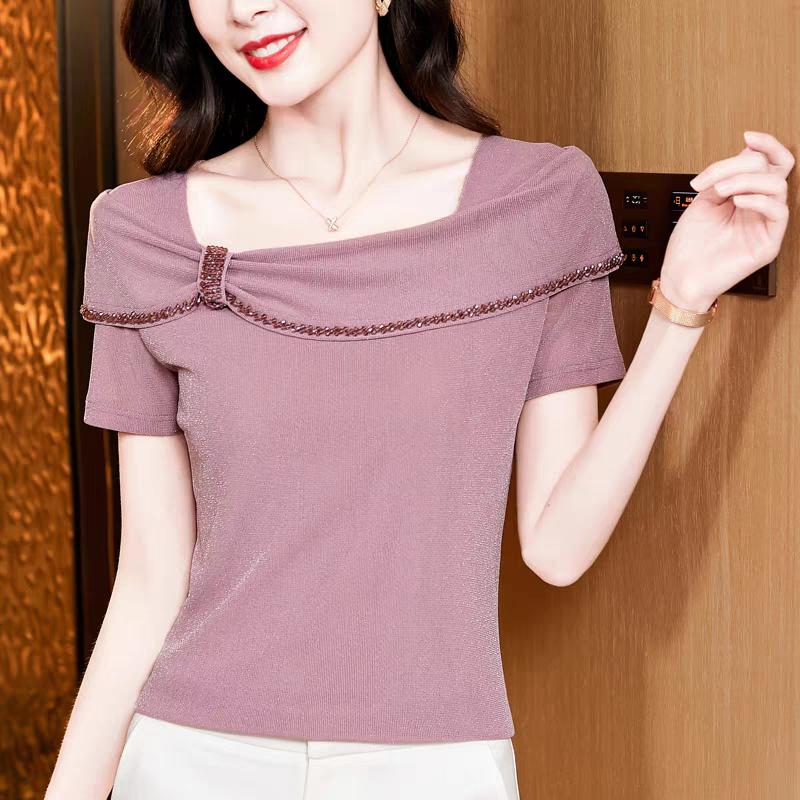 New Summer Korean Women Shiny Beading T-Shirt Clothes Chic Sexy Square Neck Ruffles Tops Short Sleeve All Match Tees Blouse
