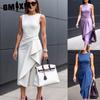 Moda dame vara primavara culori uni imprimeu fara maneci decolteu rochii casual