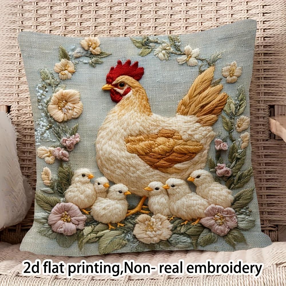 2D flat- Rustic Hen and Chicks Floral Throw Pillow Cover Farmhouse Style Square Cushion Case for Home Sofa Decor