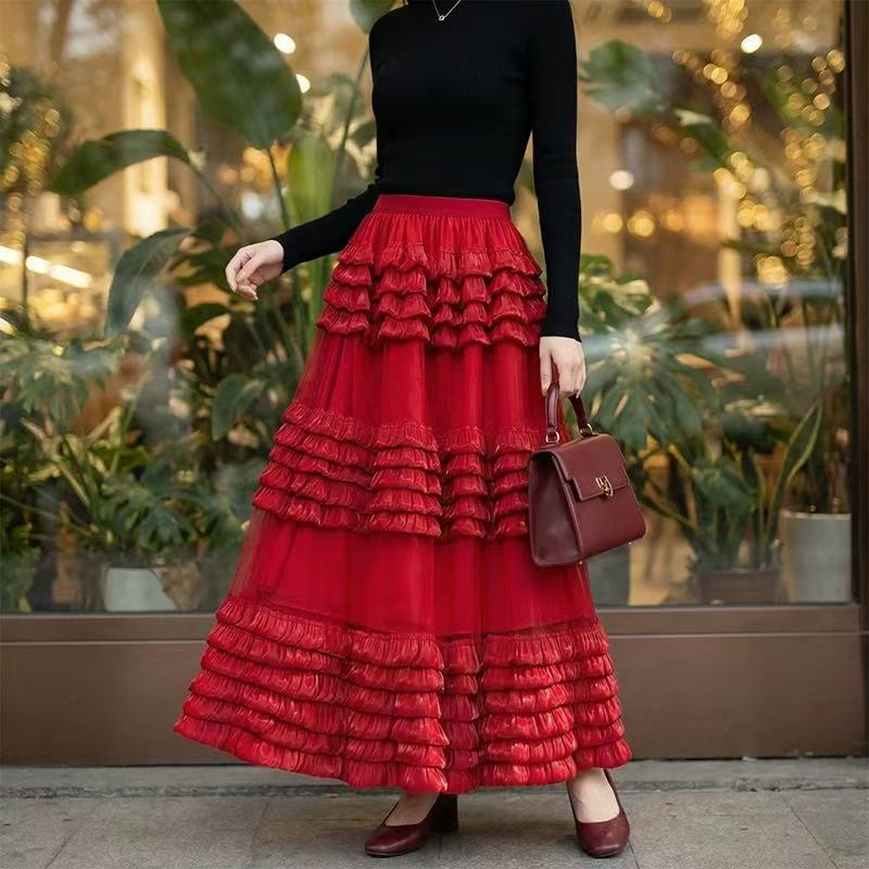 Qooth Ruffle Tulle Maxi Skirt Layered Cake High-Waisted Skirt French Ethereal Style for Party QT2860
