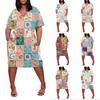 Summer Plus Size V Neck Short Sleeve Knee Pocket Print Casual Dress For Women