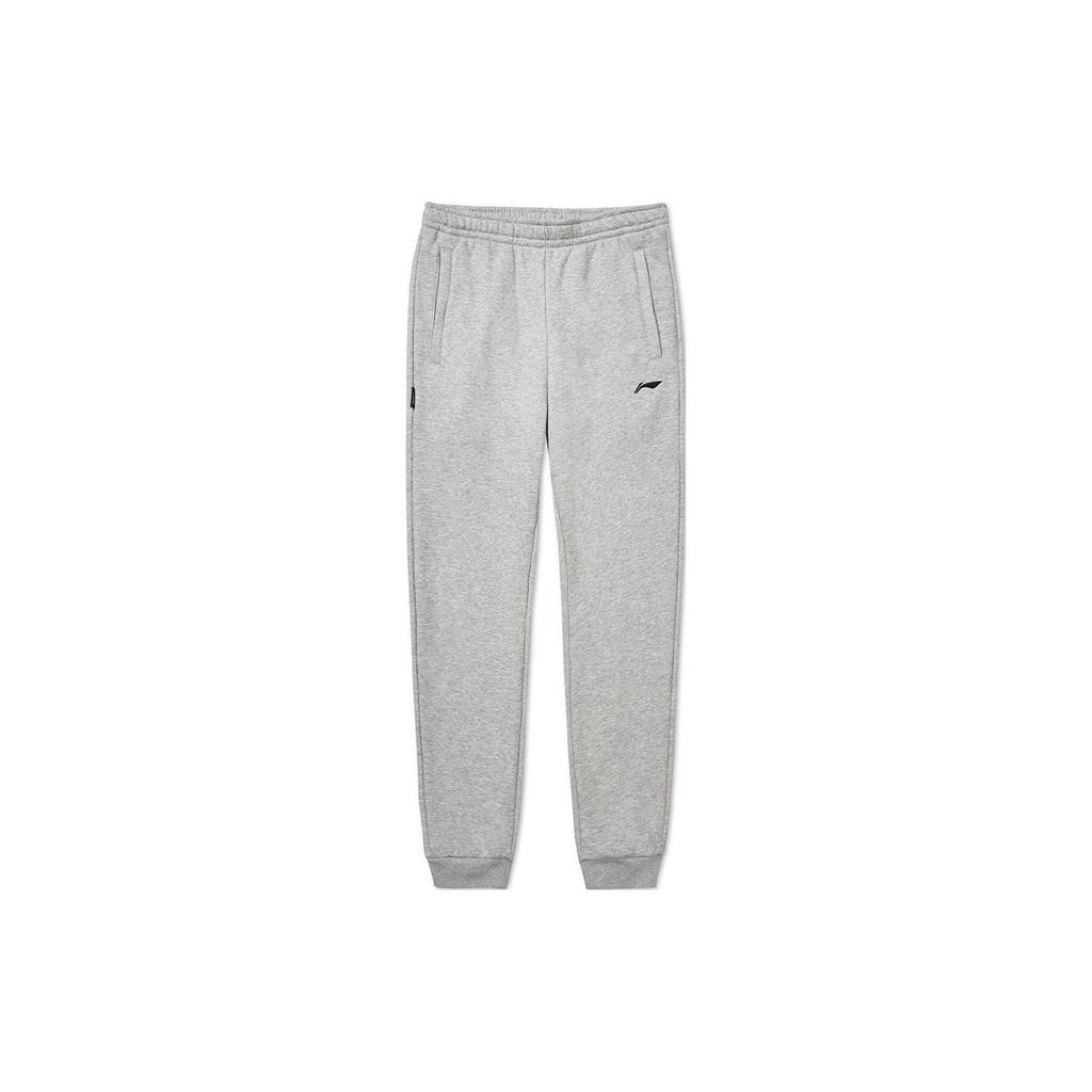 Li Ning Badminton Series Solid Color Ribbed Cuff Fleece Knit Sports Long Pants Men Bottoms Light-Gray AKLTC87-2