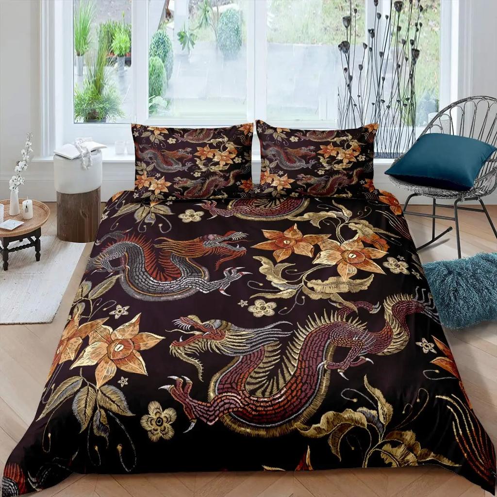 Boys Dragon Comforter Cover Queen Queen Full Size Colorful Dragon With Wing Bedding Set Trippy Magical Animal Duvet Cover Set