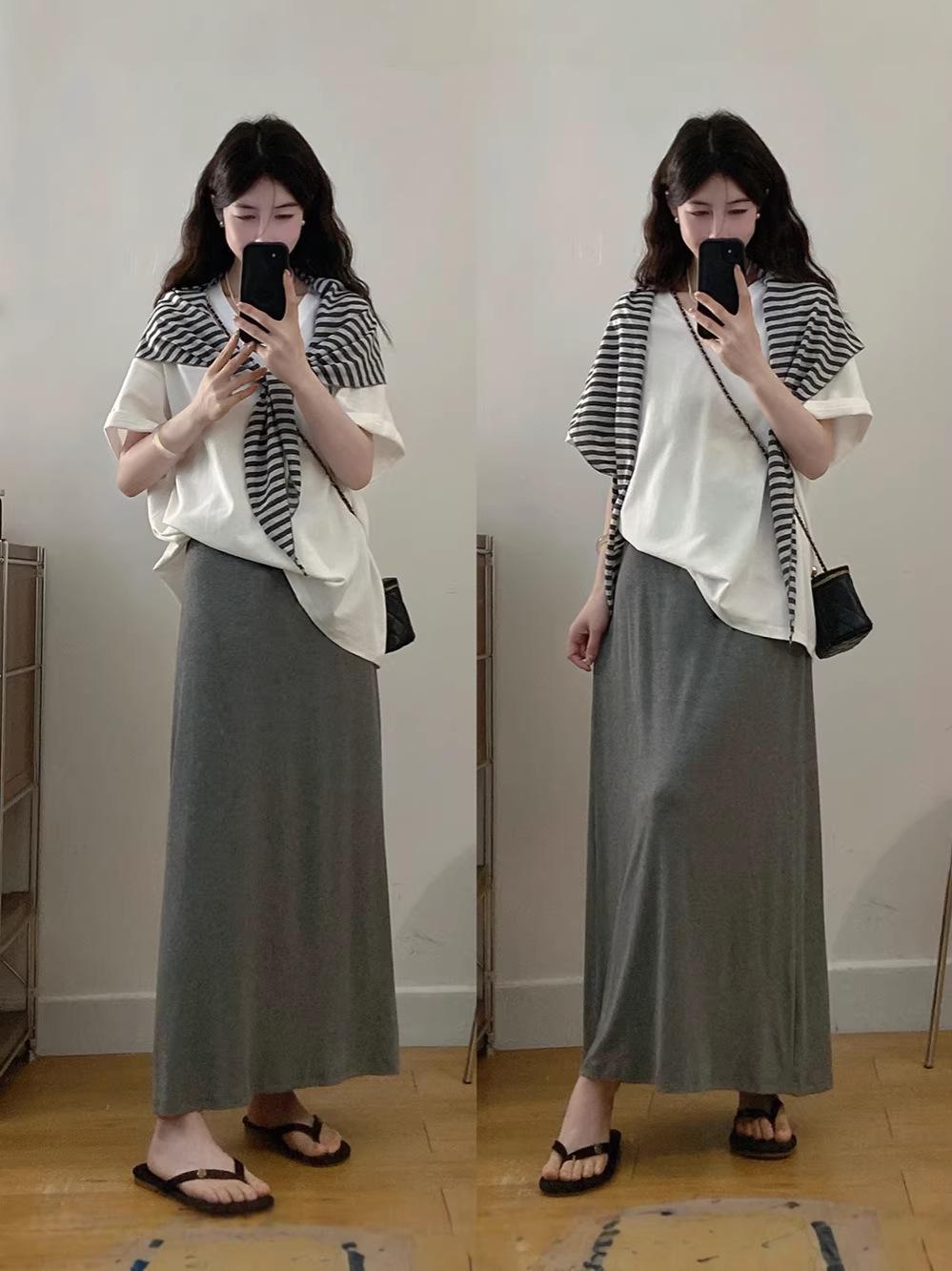 

2026 Plus Size Casual Set: Striped Shawl, Short-Sleeved T-shirt & Slimming Skirt 4XL