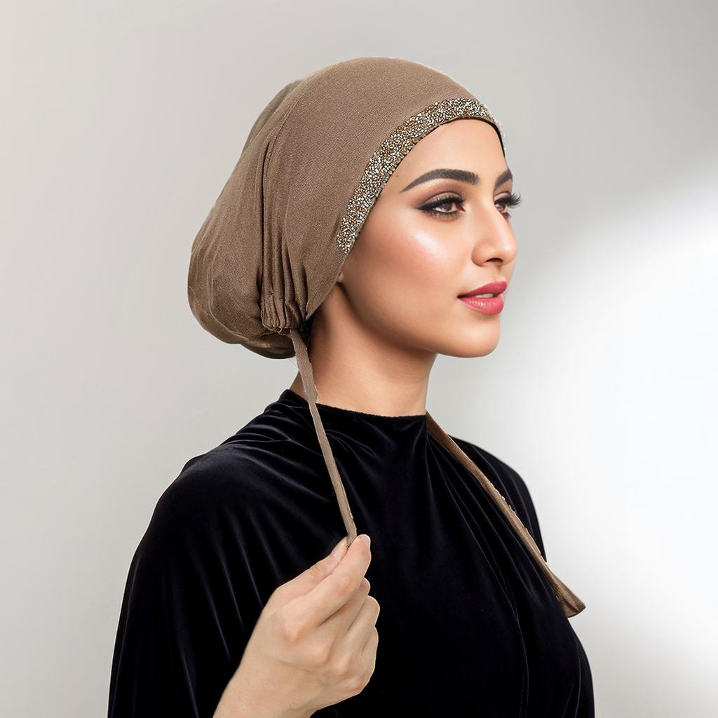 New Modal Rhinestone Band Muslim Turban Hat Inner Hijab Caps Islamic Underscarf Bonnet India Hats Female Headwrap Turbante Mujer