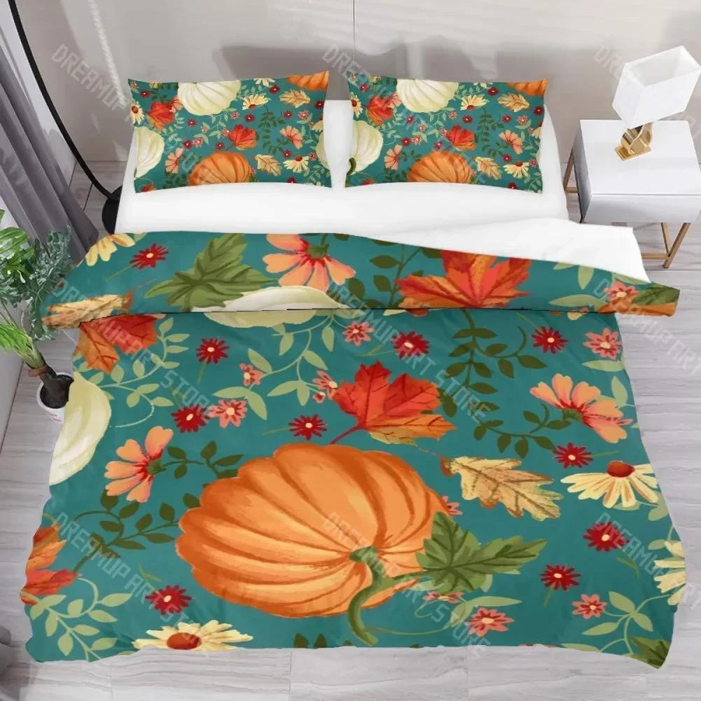 Herbst Kürbis LKW King Queen Bettbezug Happy Fall Thanksgiving Bettwäscheset Kinder Festival Geschenke 2/3-teiliger Polyester Steppdeckenbezug