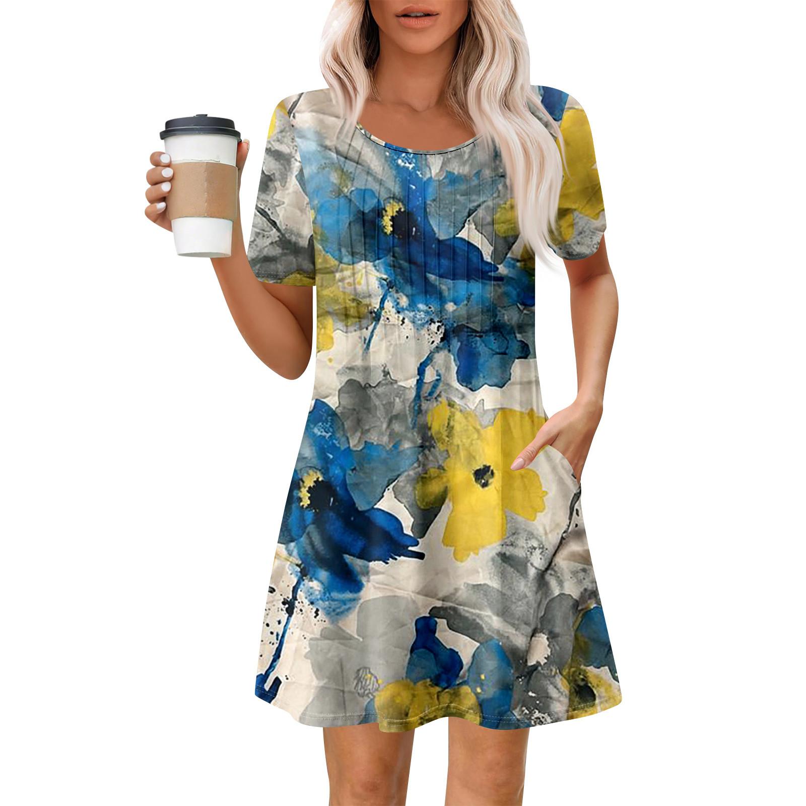 

Женское летнее платье свободного покроя для пляжного отдыха, сарафан с коротким рукавом и круглым вырезом, с карманом, с коротким рукавом, платье-рубашка L синий