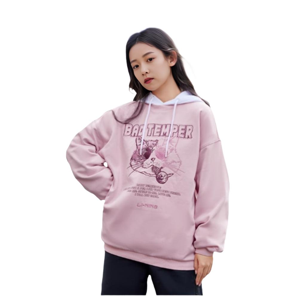 Li-Ning Sports Fashion Series Cat Letter Embroidery Fleece Casual Pullover Sweatshirt Women Tops Light-Water-Pink AWDRH00-4