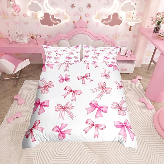 Pink Bow Bedroom anime Duvet Set Bedding King Size Luxury Cover Polyester Christmas Decorations Cute Printed Cartoon home