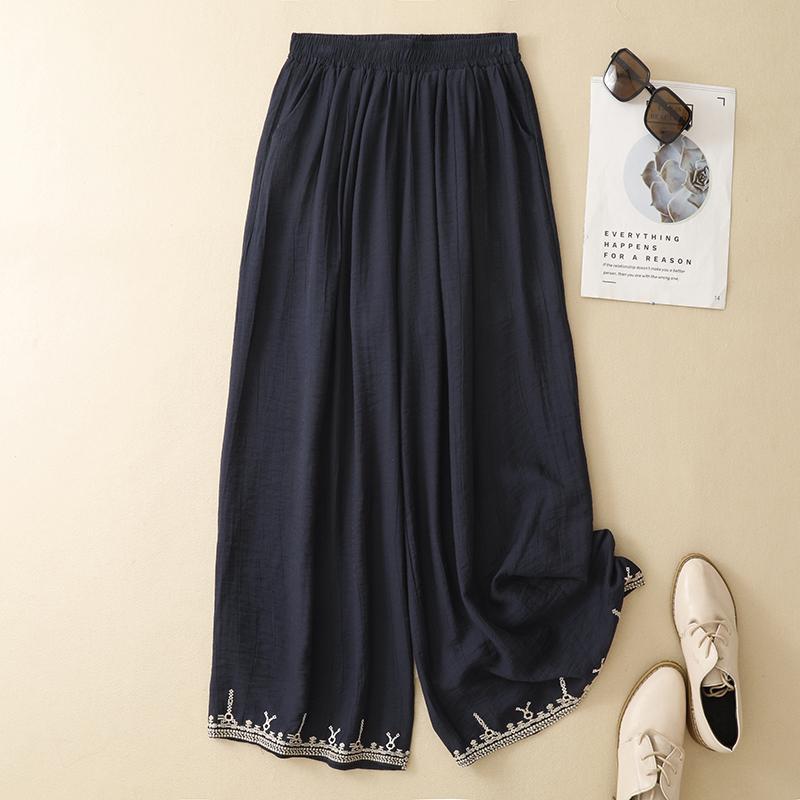 

DIMANAF 2026 New Plus Size Women Long Pants Summer Cotton Linen Vintage Loose Elastic Waist Casual Lady Bottoms Embroidery 2XL темно-синього кольору
