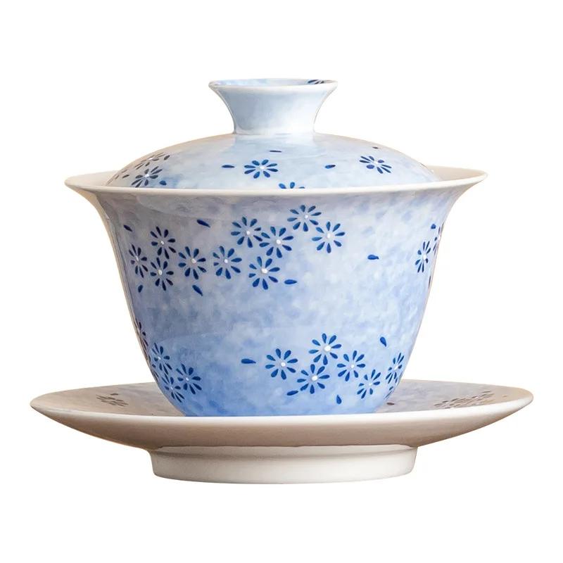 117ML Sprinkled Blue Daisy Cover Bowl High-end Exquisite Three Talents Hand-painted Ceramic Tea Bowl with Cover Kung Fu Tea Set