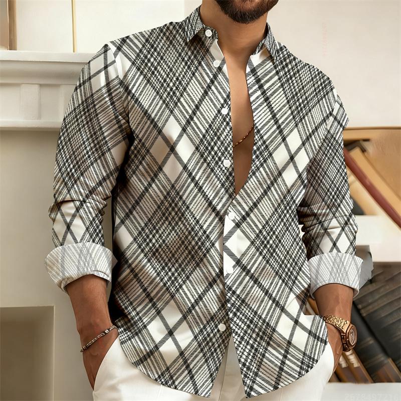 New Men's Shirt with Color Blocking Geometric Stripes, Long-Sleeved, Casual, Outdoor, Street Style, Fashionable Top