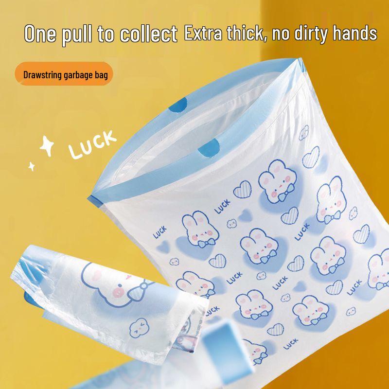 Cartoon Blue Heart Rabbit Drawstring Garbage Bags - Large, Thickened, Automatic Closing for Kitchen