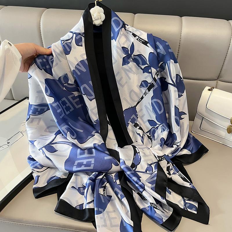 Fashion Printed Letters Hangzhou Silk Imitation Silk Lady's Temperament Long Towel Versatile Sun Protection Thin Style Warm Spring and Summer
