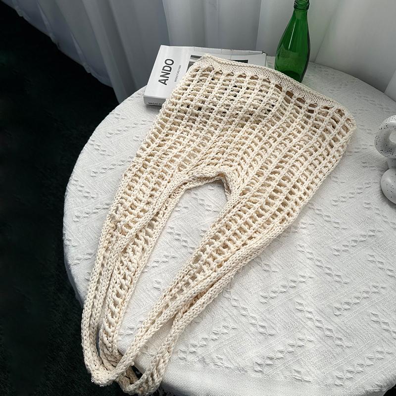 Solid Color Knitting Shoulder Bag Hollow Out Versatile Bohemian Crochet Tote Bag Large Capacity Casual Woven Handbag Women