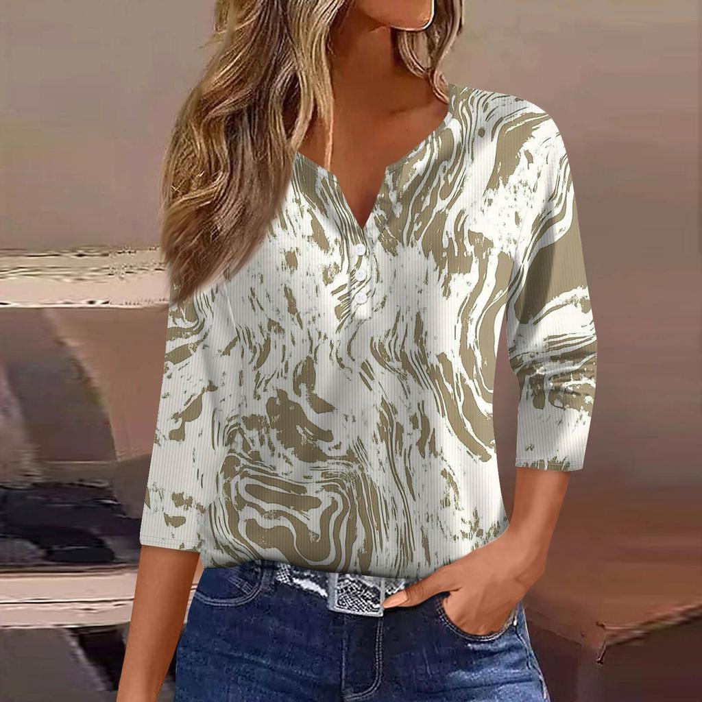 Damski T-shirt Koszulka Nadruk Guzik Rękaw 3/4 Tunika Codzienna Weekendowa Moda Podstawowy Dekolt V Regularny Top