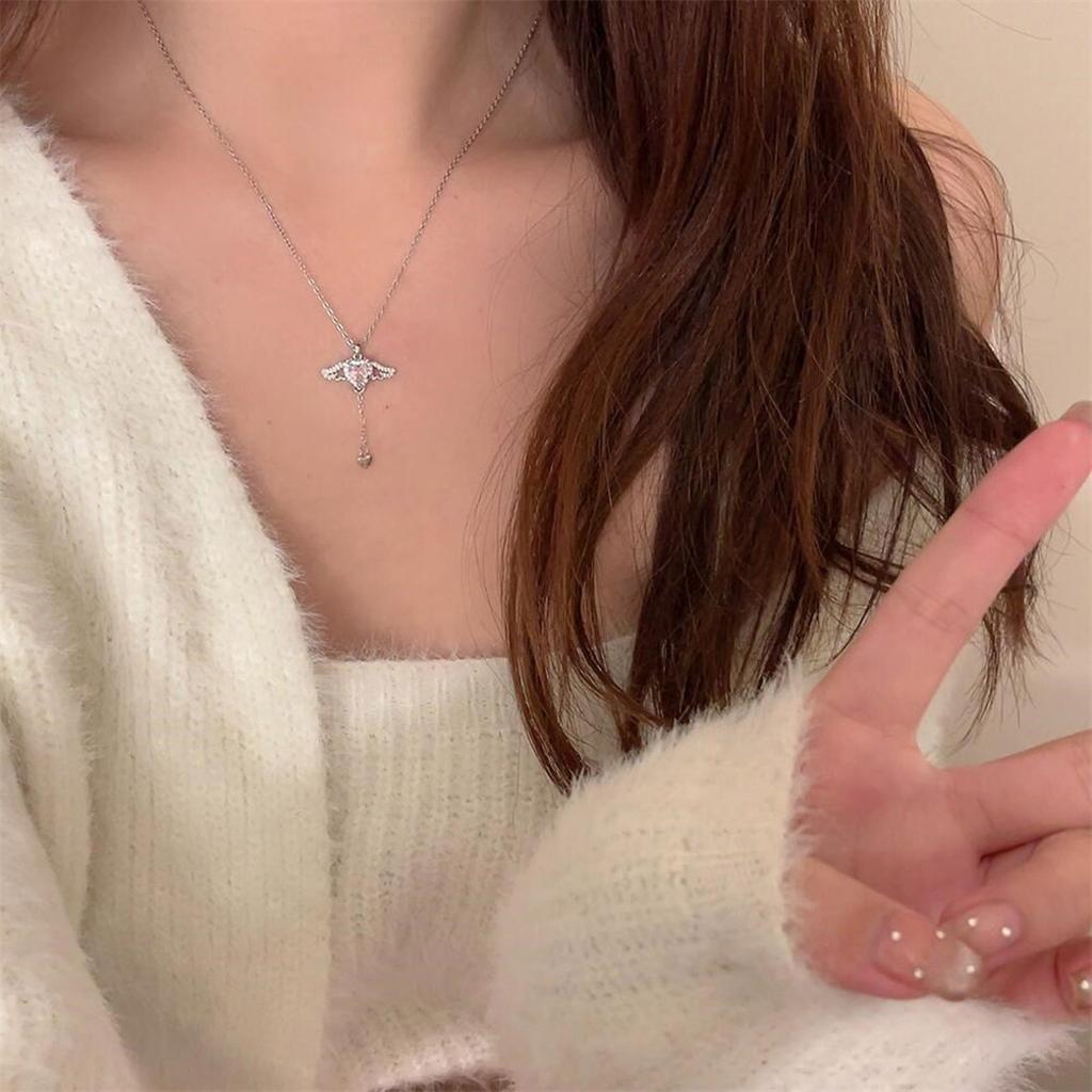 Y2K Crystal Zircon Heart Pendant Necklace Angel Wing Elegant Clavicle Chain