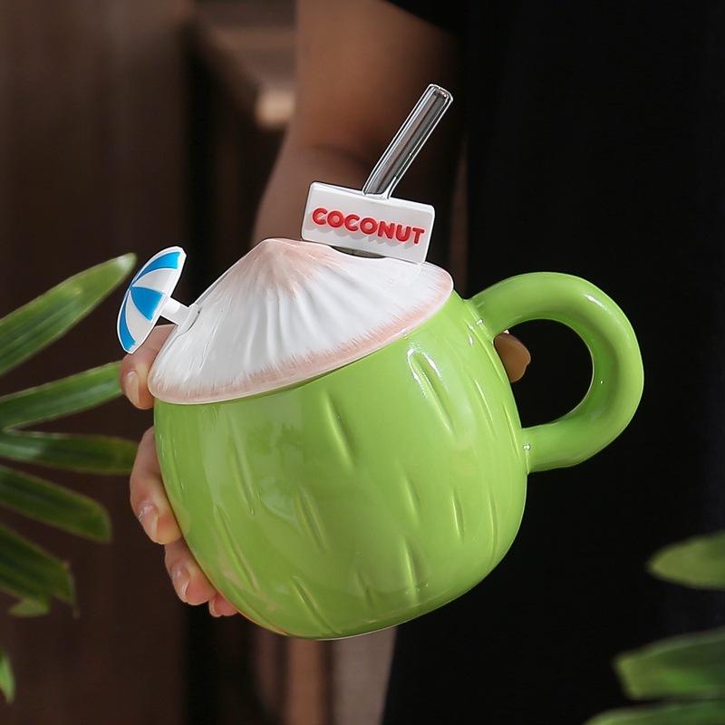 Baifenbai Home Furnishing Summer Coconut Mug Creative Ceramic Cup Couple Water Cup Straw Cup Souvenir Coffee Cup With Lid