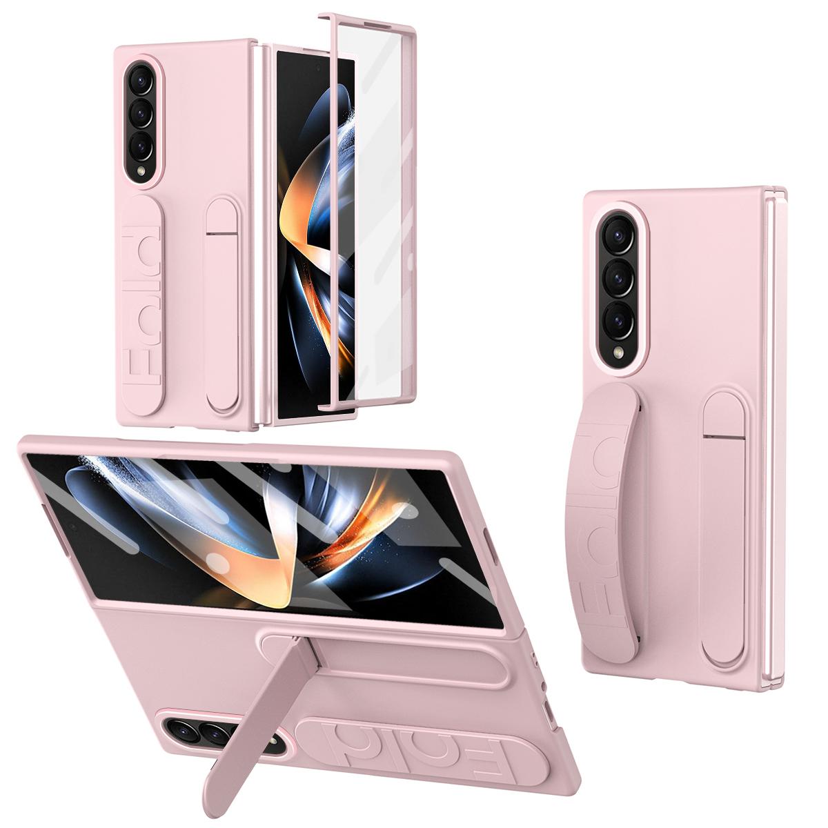 

Чохол для Samsung Galaxy Z Fold4 5G з підставкою та ремінцем на зап ястя, PC чохол для телефону з плівкою із загартованого скла Pink