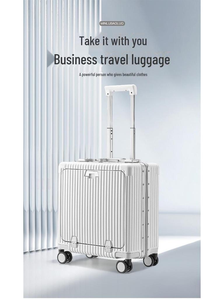 18-Inch Multifunctional Front-Opening Aluminum Frame Suitcase with Charging Capability for Women