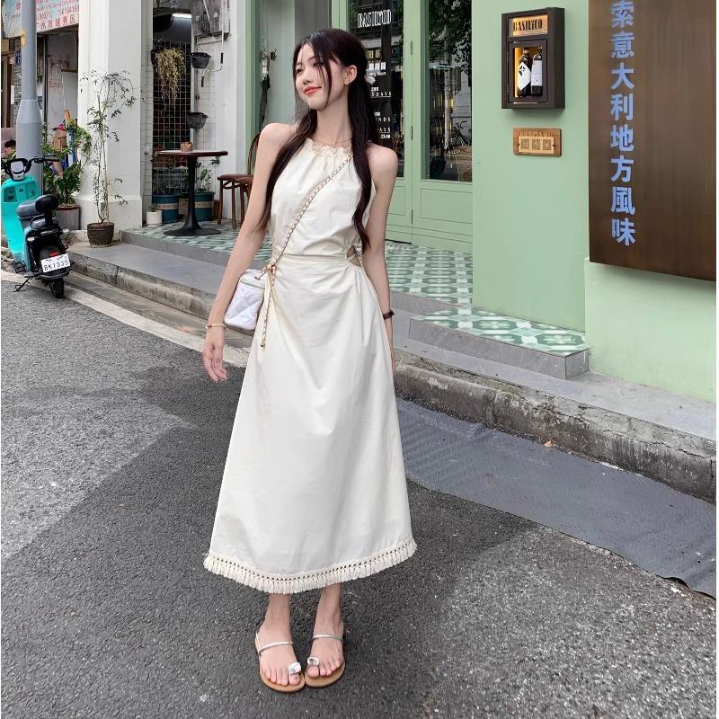 Seaside Niche Design Sense Hollow Waist Hanging Neck Suspender Dress Women's Summer Waist Thin Fringed Long Skirt